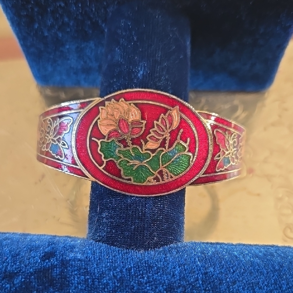 Lotus And Butterfly Cloisonne Clamper Bracelet